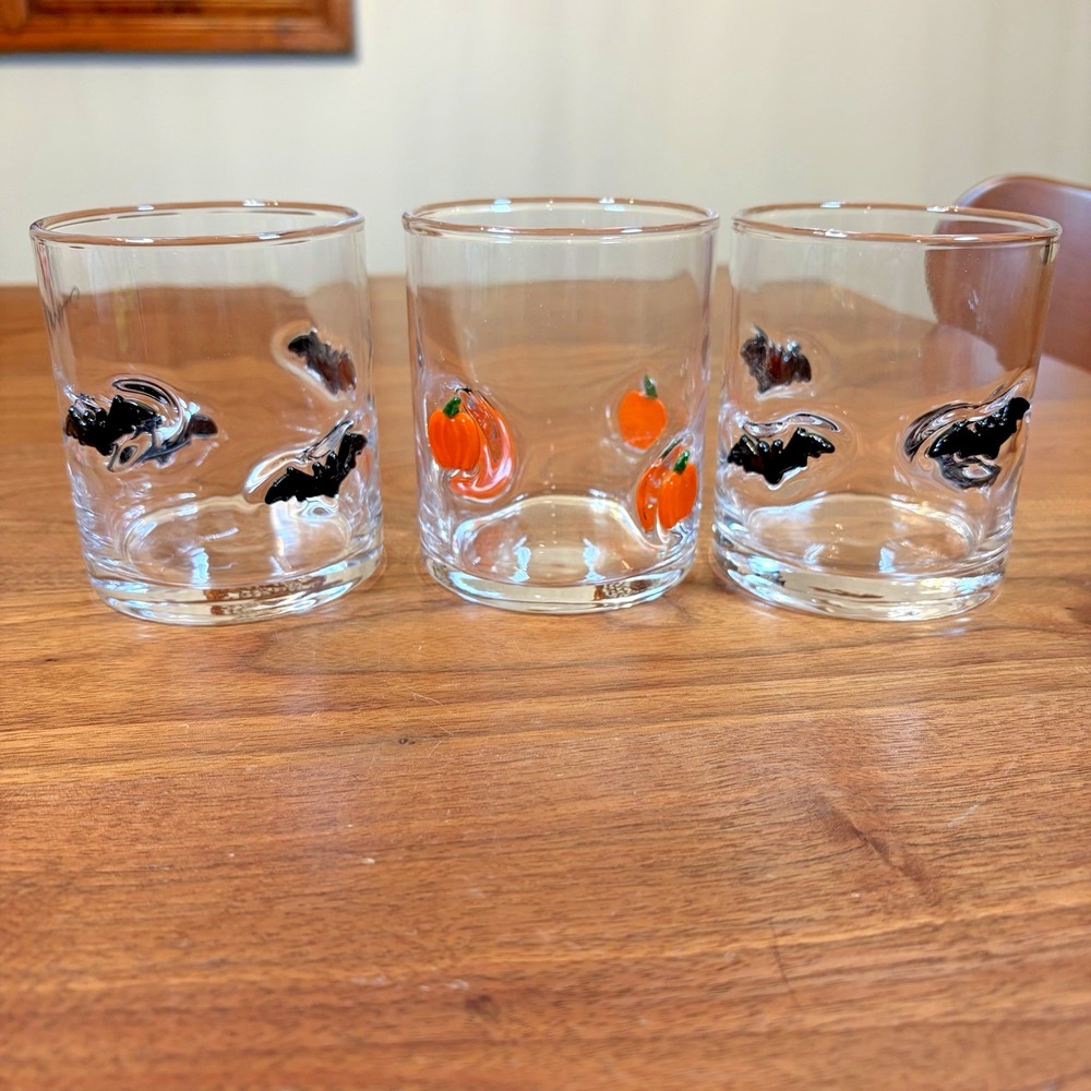 Lot of 3 Bats & Pumpkins Double Old Fashioned Whiskey Glasses Halloween